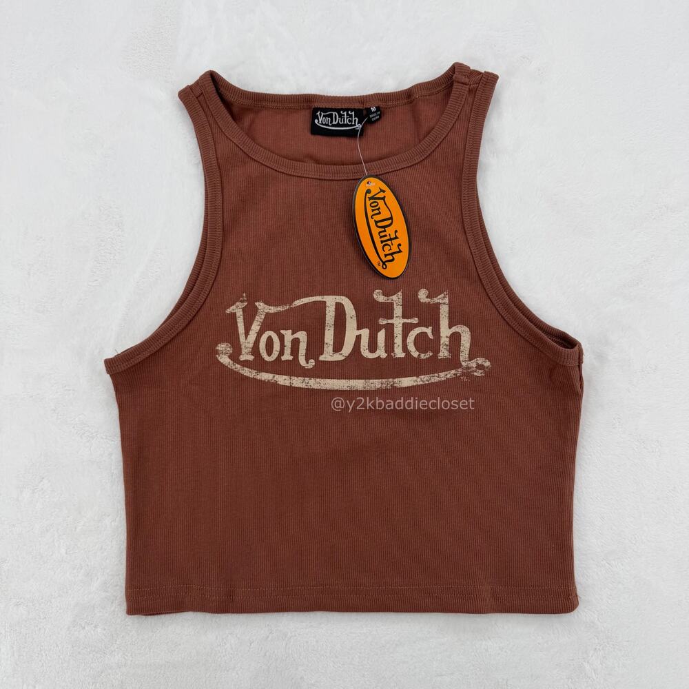 Von Dutch Brown Logo Ribbed Tank Top